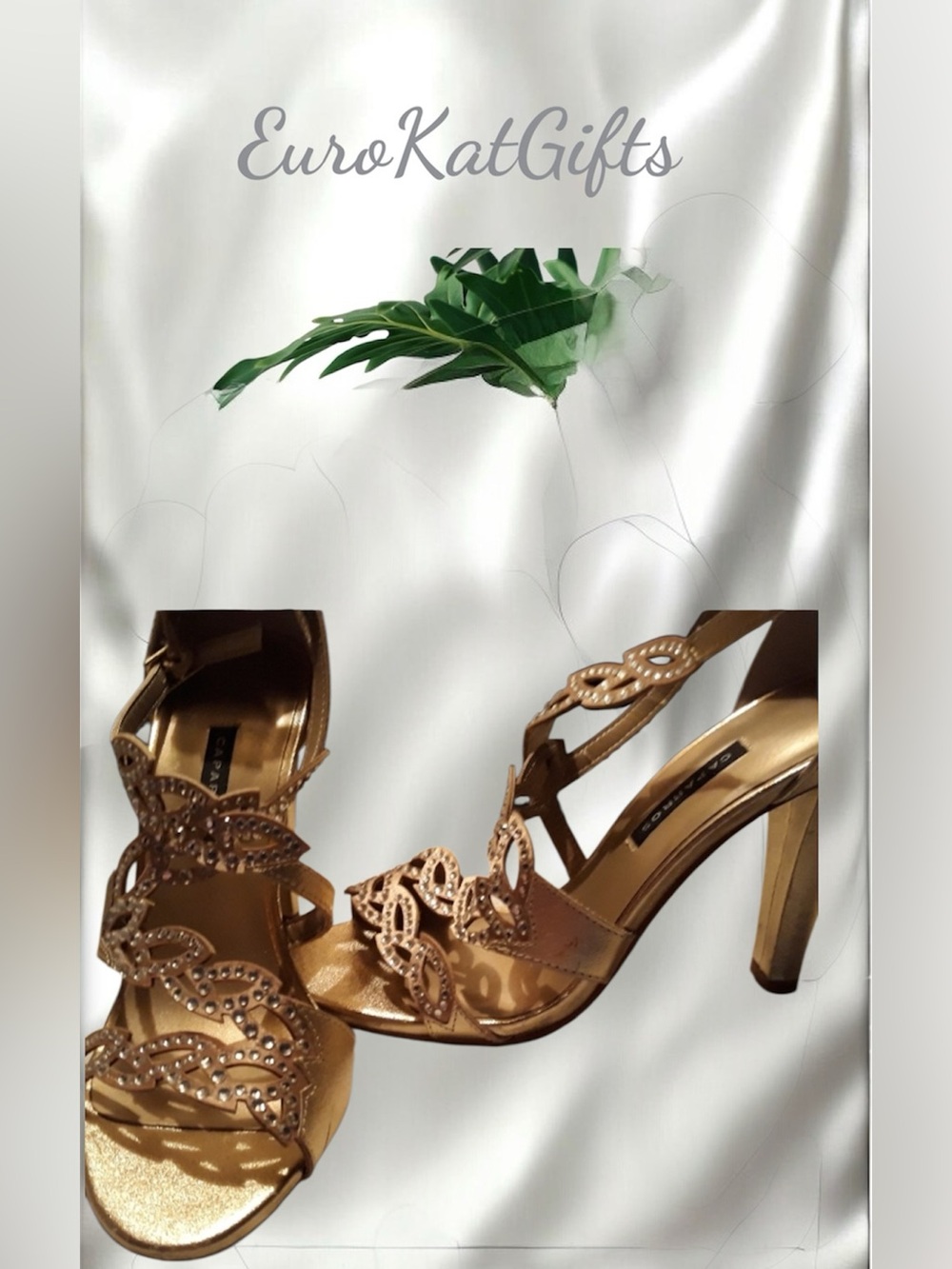 CAPARROS GOLD RHINESTONES ANKLE WRAP  HEELS SHOES 4"in heels Size 6.5 Med US EUC
